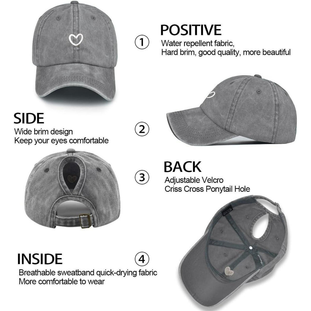Pferdeschwanz Baseball Cap Herz Stickerei Damen Verstellbar
