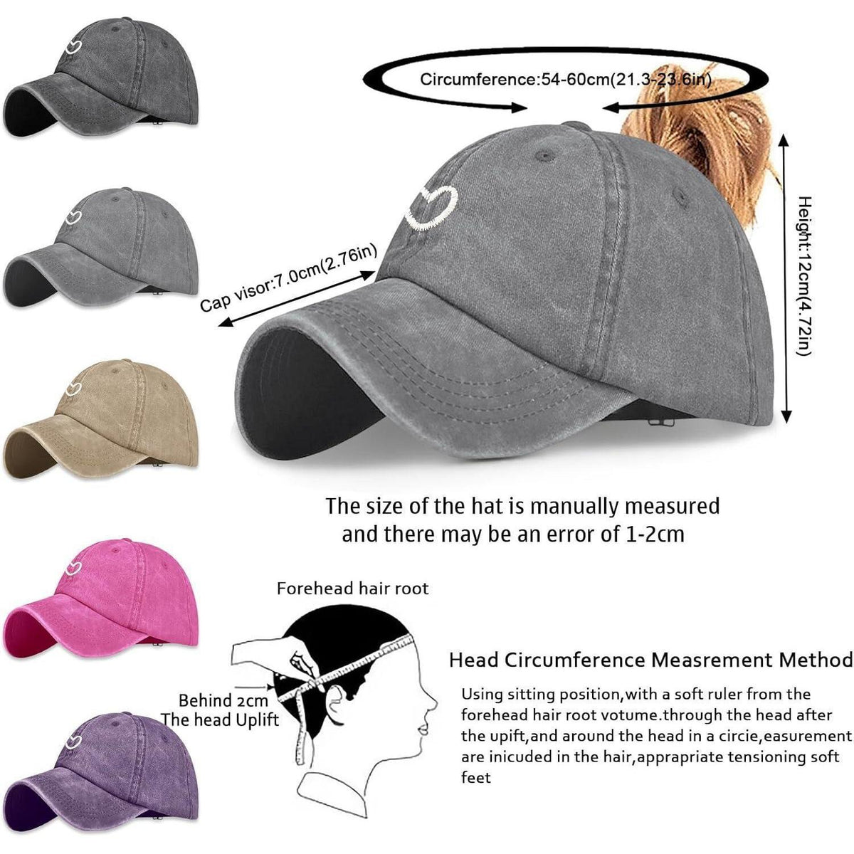 Pferdeschwanz Baseball Cap Herz Stickerei Damen Verstellbar