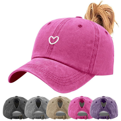 Pferdeschwanz Baseball Cap Herz Stickerei Damen Verstellbar Rosa