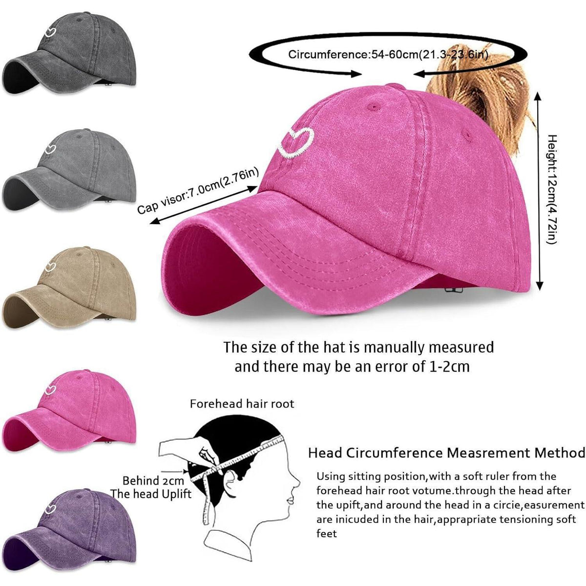 Pferdeschwanz Baseball Cap Herz Stickerei Damen Verstellbar Rosa