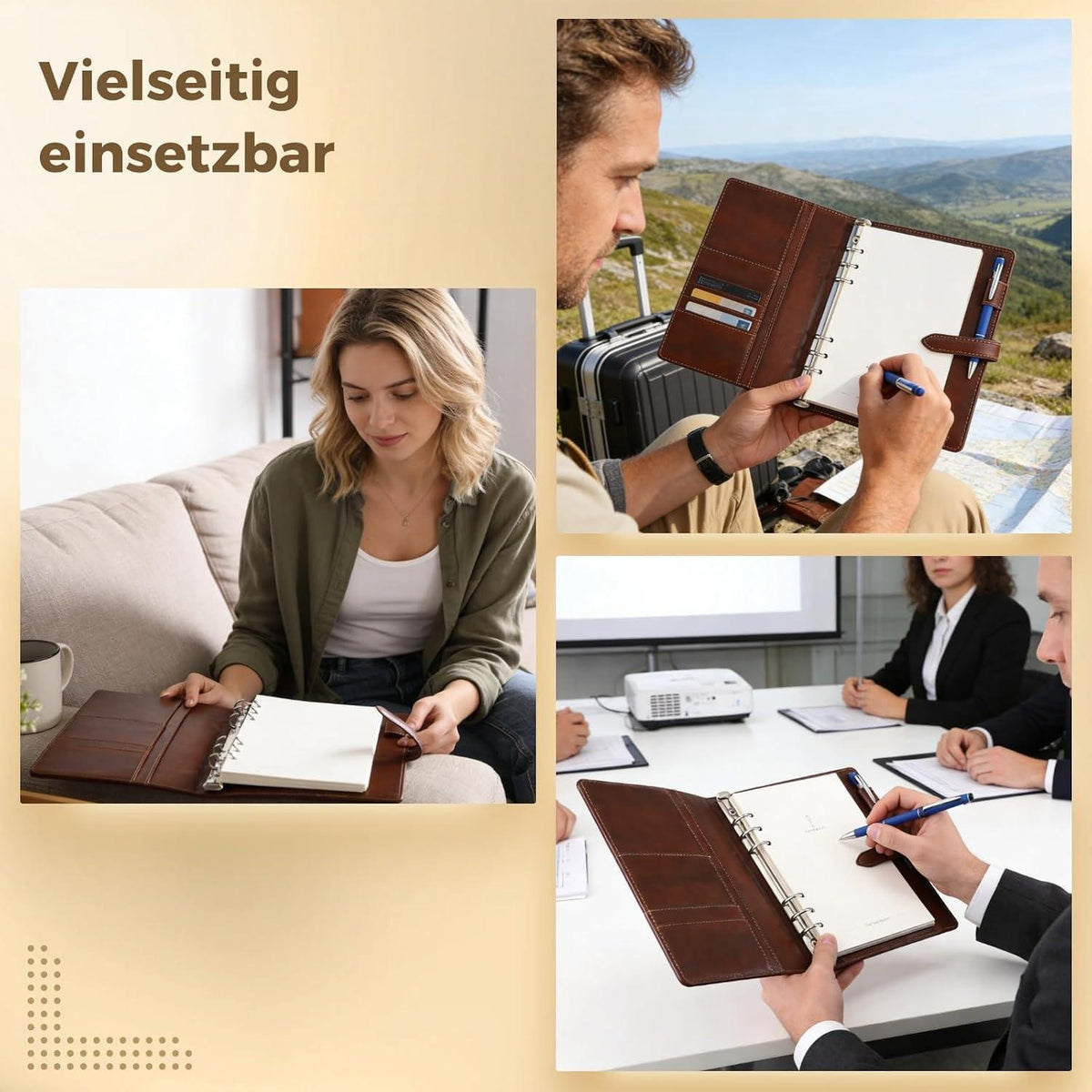 Nachfüllbares A5 Notizbuch mit Kartenfächern in Lederoptik