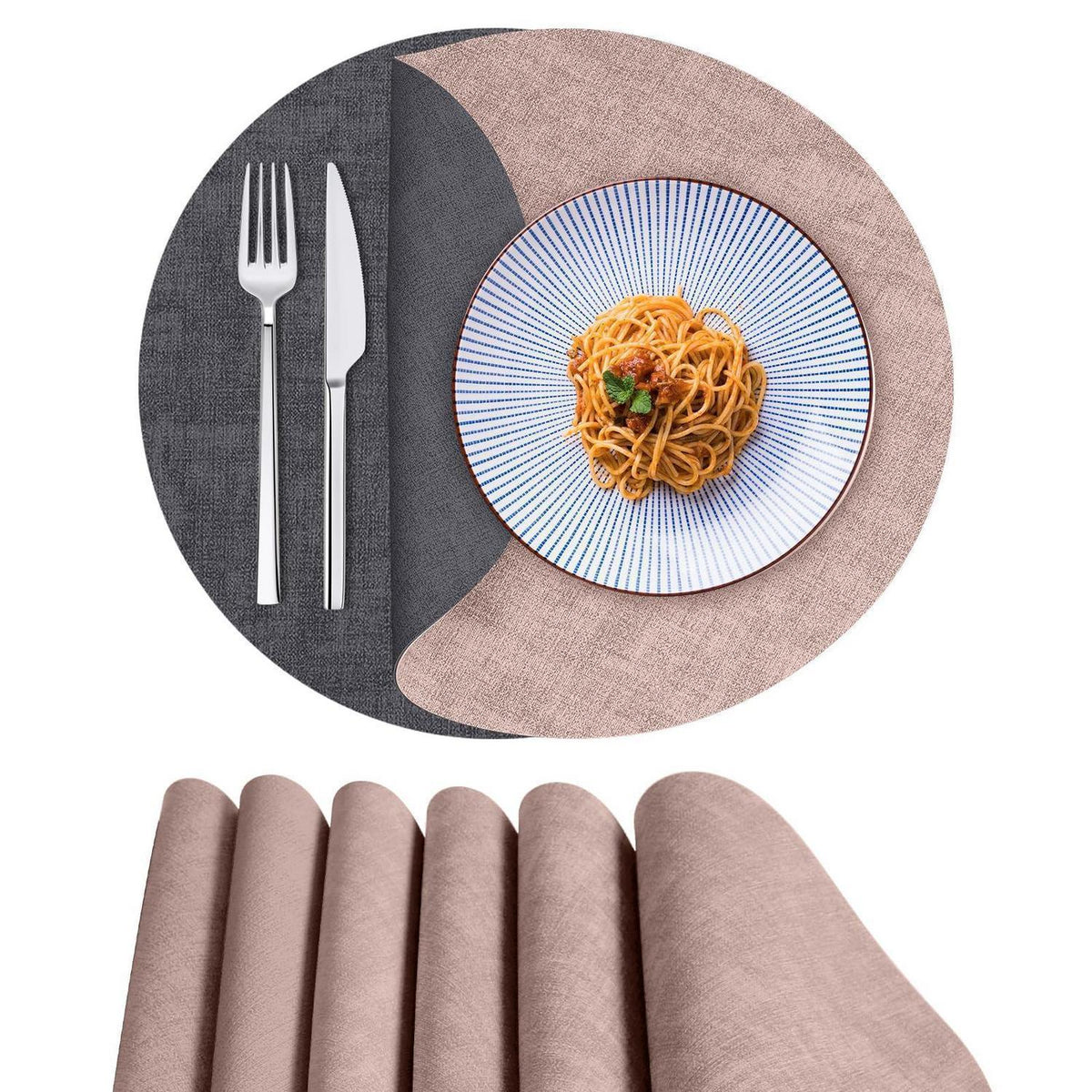 Runde Tischsets 6er Set Rosa/Grau | Abwaschbar & Rutschfest