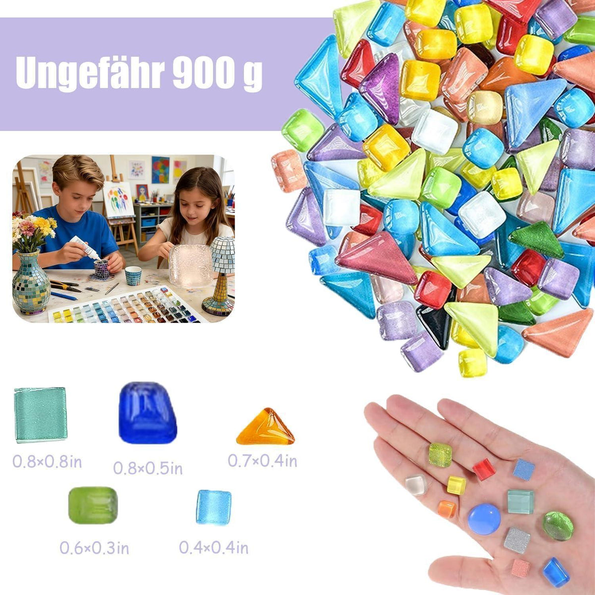 900g Mosaiksteine bunt – Glasfliesen für DIY Kunst & Deko