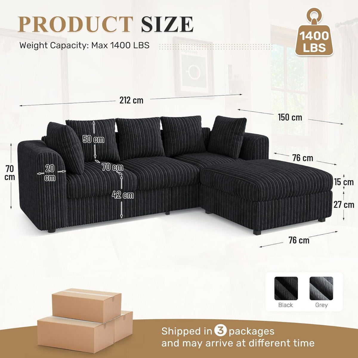 Ecksofa mit Schlaffunktion 212x150 cm, Schwarz Cordstoff
