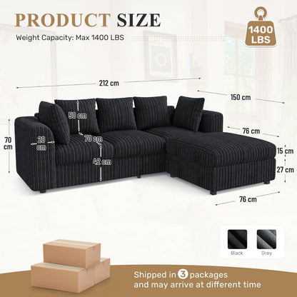 Ecksofa mit Schlaffunktion 212x150 cm, Schwarz Cordstoff