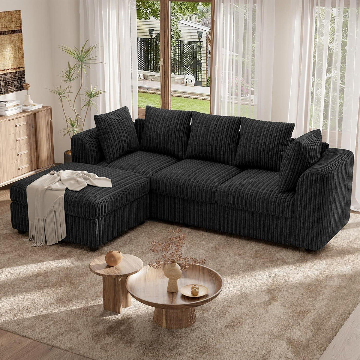 Ecksofa mit Schlaffunktion 212x150 cm, Schwarz Cordstoff
