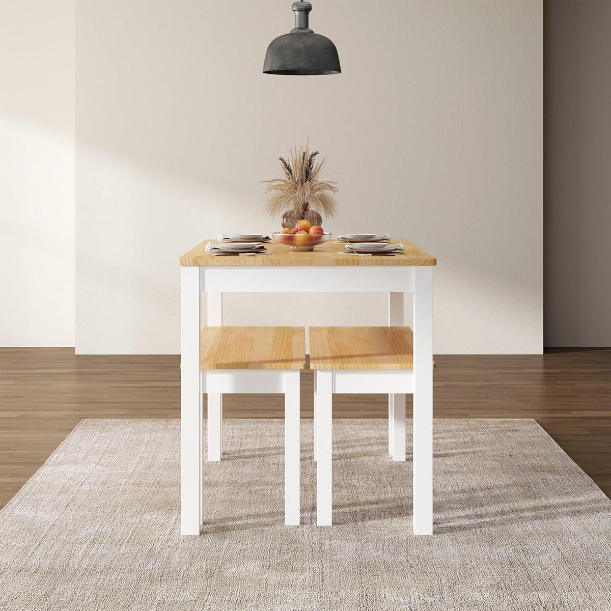 Massivholz Esstisch mit 2 Bänken | Esszimmer-Set Kiefer Teak/Weiß
