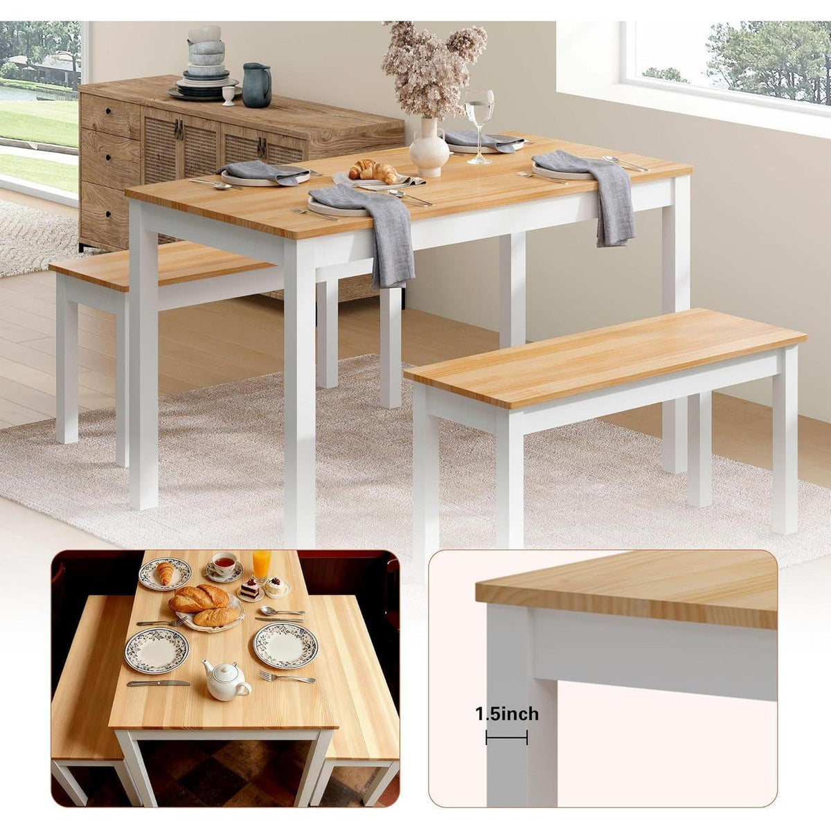 Massivholz Esstisch mit 2 Bänken | Esszimmer-Set Kiefer Teak/Weiß