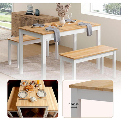 Massivholz Esstisch mit 2 Bänken | Esszimmer-Set Kiefer Teak/Weiß