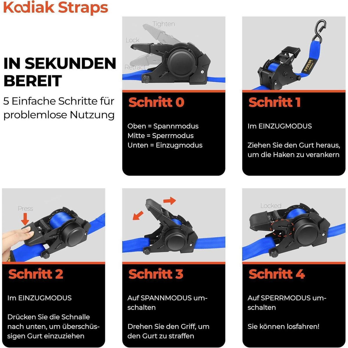 Spanngurte Automatik 3m mit S-Haken | 1360KG | 4 Stück Blau