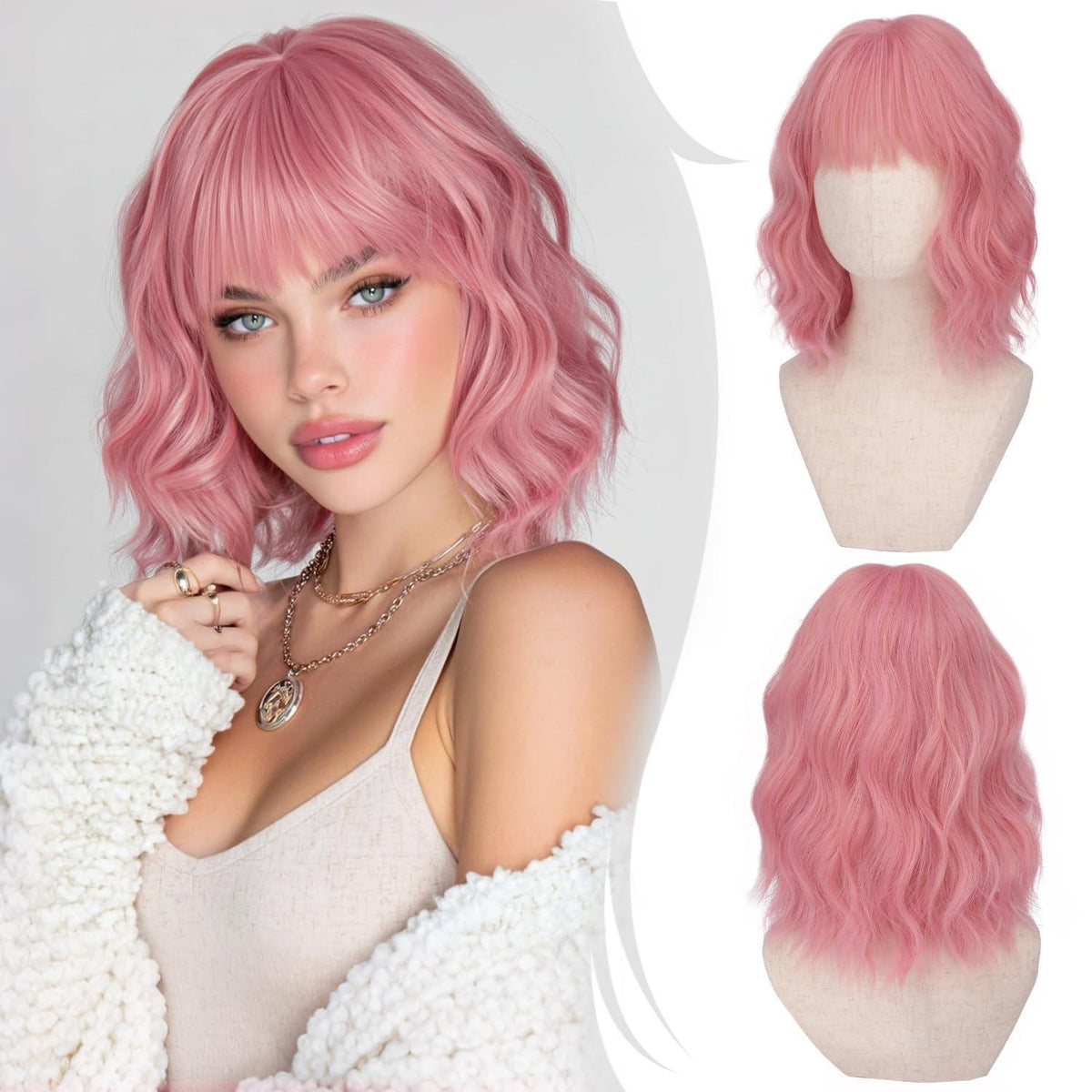 Rosa Bob Perücke mit Pony – 35cm gewellt, Synthetisch