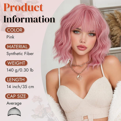 Rosa Bob Perücke mit Pony – 35cm gewellt, Synthetisch