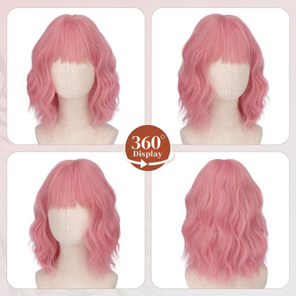 Rosa Bob Perücke mit Pony – 35cm gewellt, Synthetisch