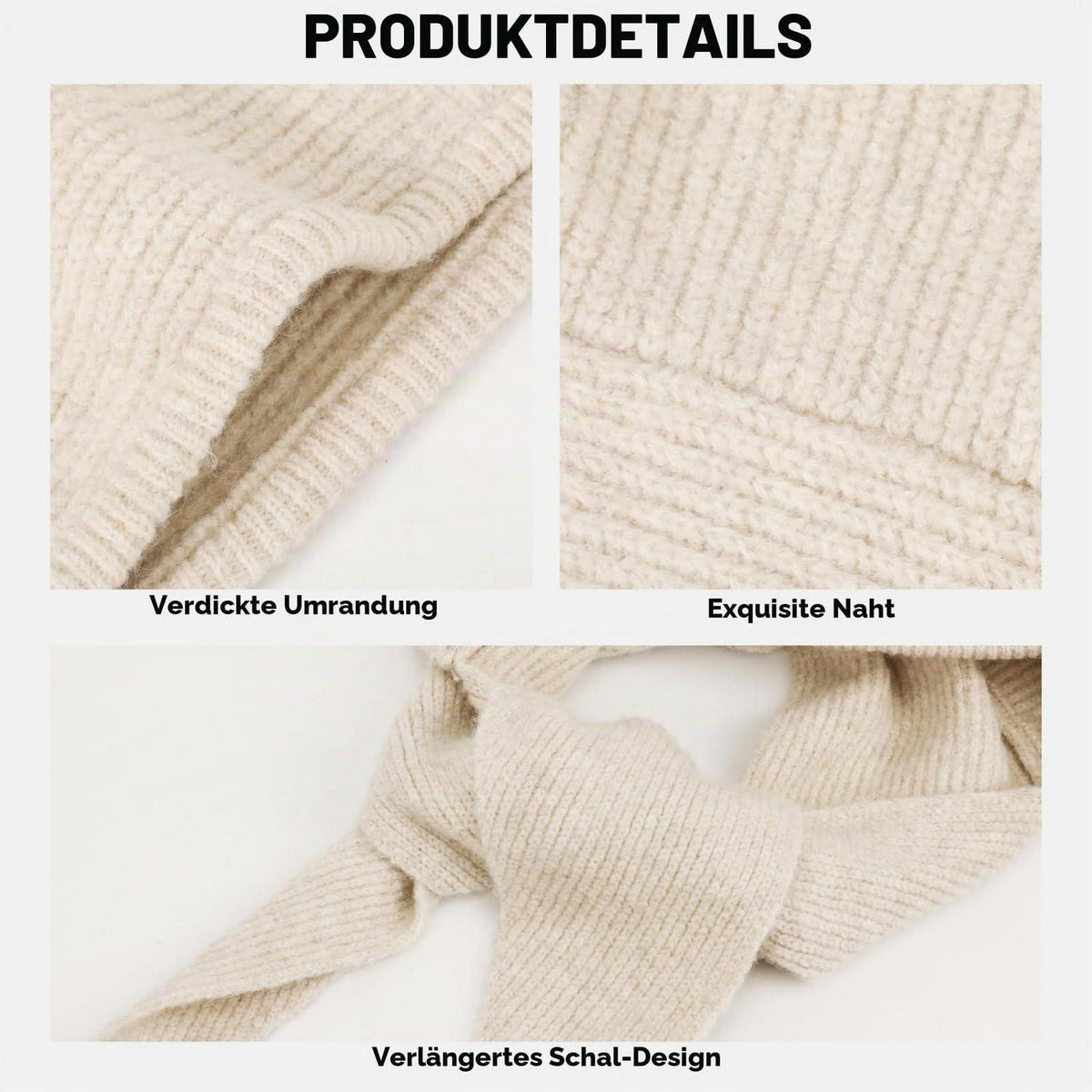 Strickmütze mit Schal 2-in-1 Kapuzenschal Unisex Beige