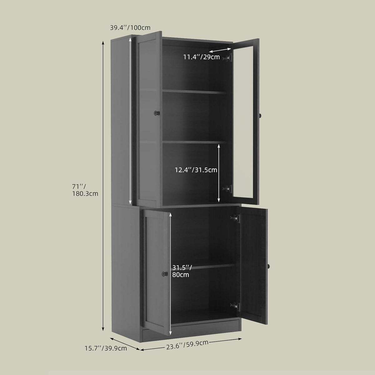 5-stöckiges Bücherregal mit Glastüren – 180cm Vitrine