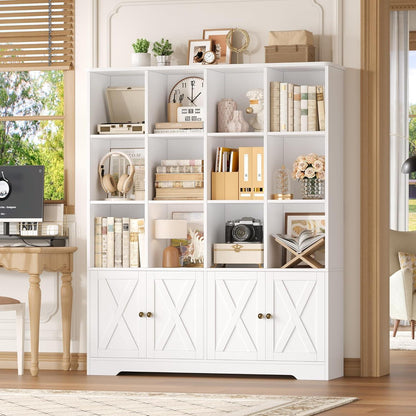 Bücherregal mit Türen & 12 Fächern | Weißes Holzregal für Wohnzimmer