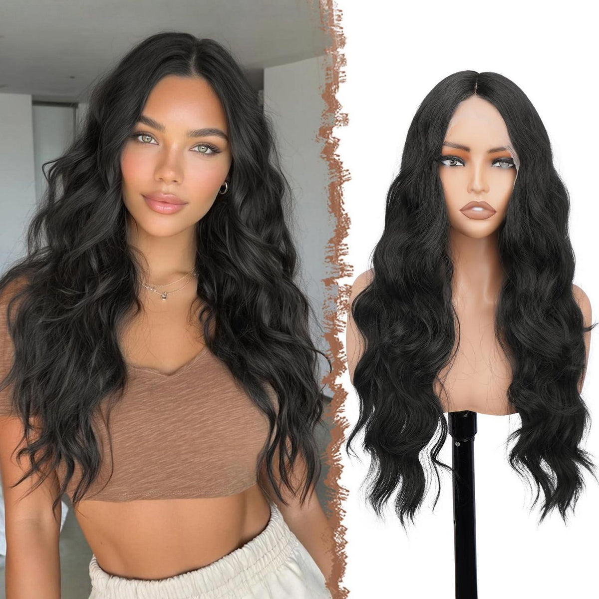 Lange gewellte Lace Front Perücke – Schwarz 70cm, Anfängerfreundlich