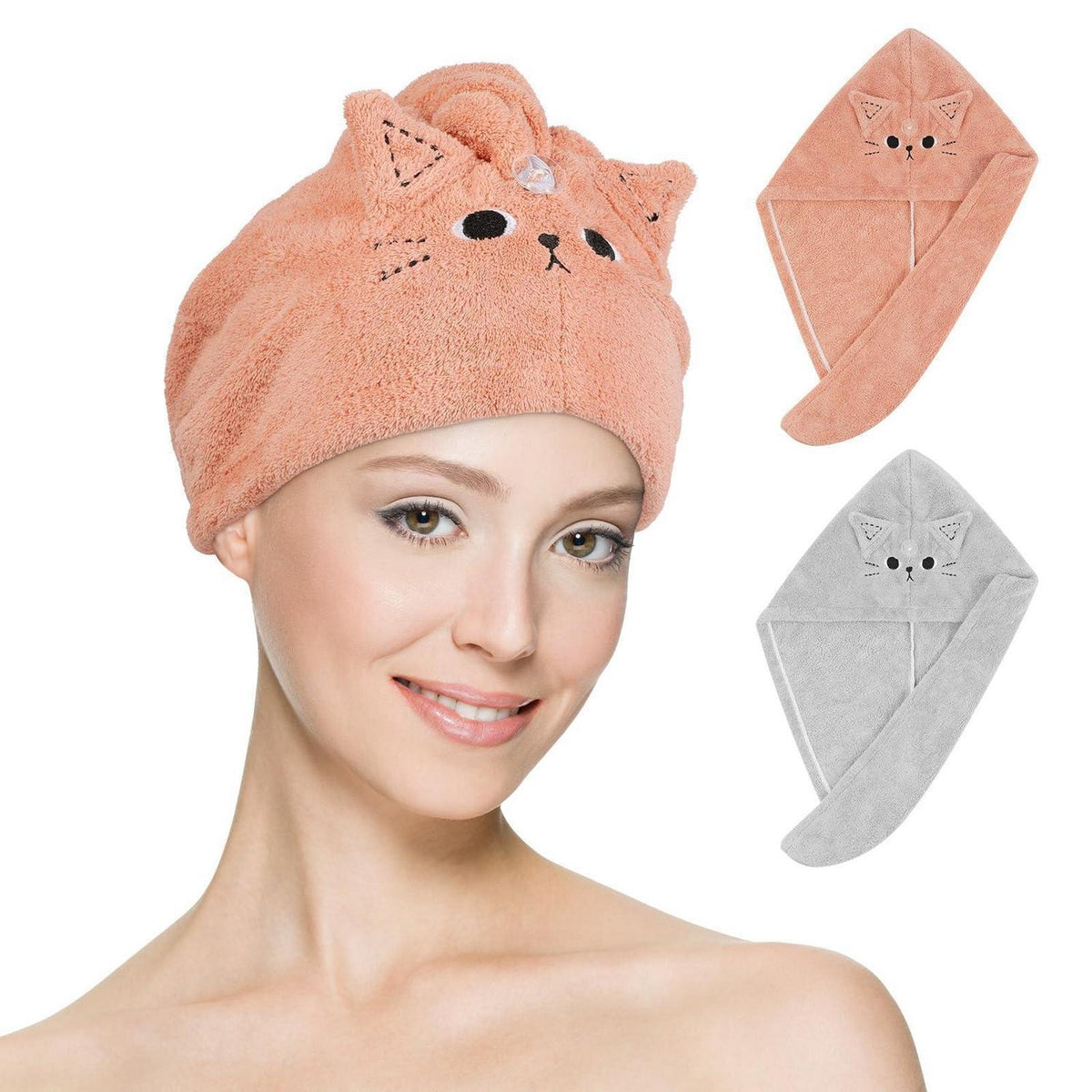 Haarturban 2er-Pack Mikrofaser Rosa Grau Katze