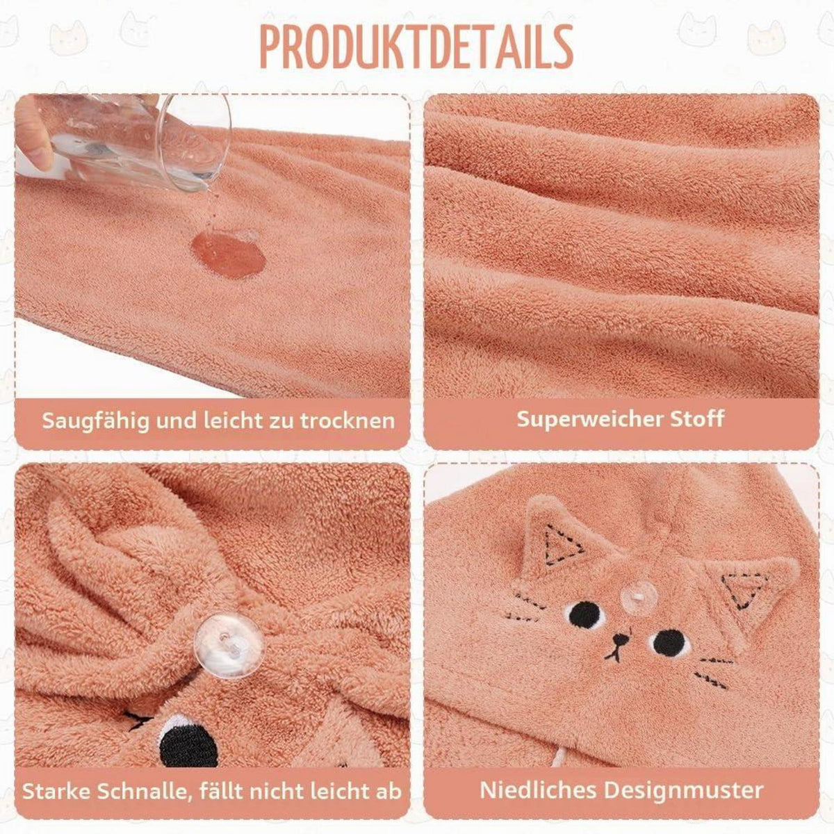 Haarturban 2er-Pack Mikrofaser Rosa Grau Katze