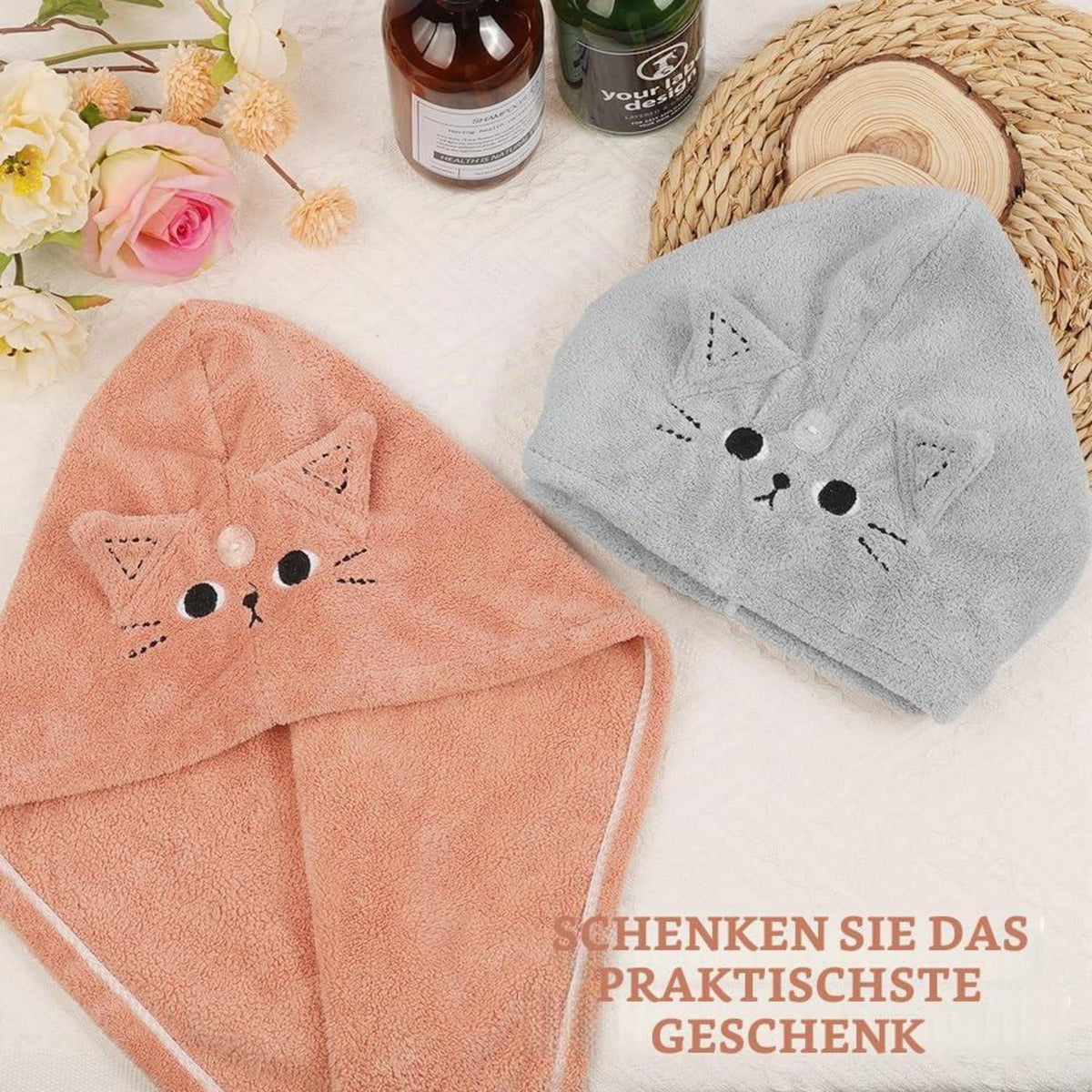 Haarturban 2er-Pack Mikrofaser Rosa Grau Katze