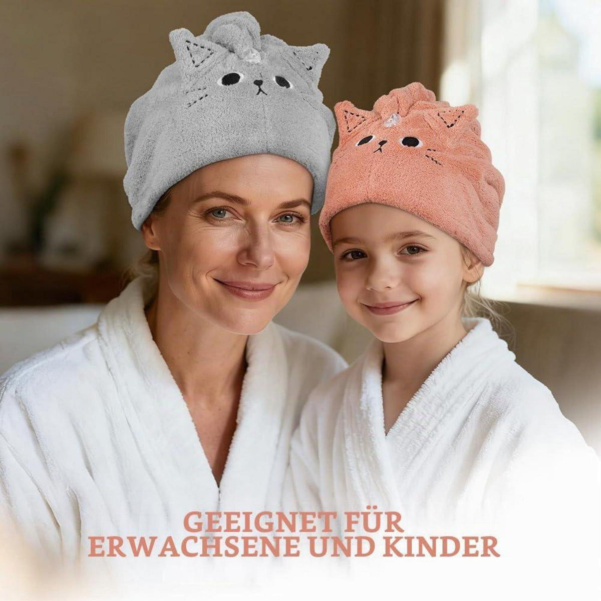 Haarturban 2er-Pack Mikrofaser Rosa Grau Katze