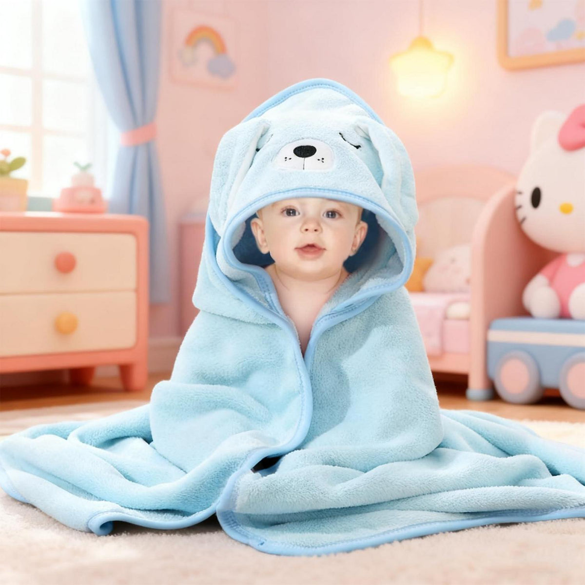 Kapuzenhandtuch Baby Korallenfleece Blauwielpen Design 80x80 cm