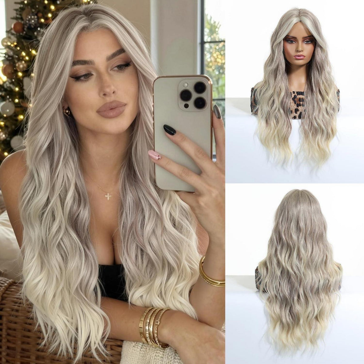 Lange blonde Lockenperücke mit Grau, Mittelscheitel, 26 Zoll