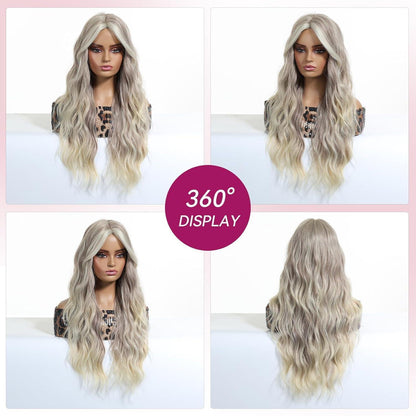 Lange blonde Lockenperücke mit Grau, Mittelscheitel, 26 Zoll