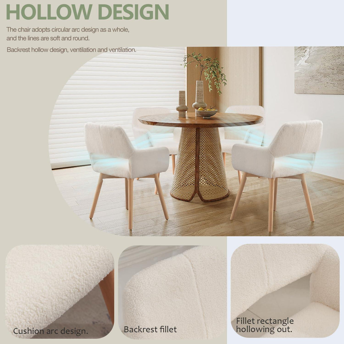 Mid-Century Modern Esszimmerstuhl 2er-Set, Wollweiß