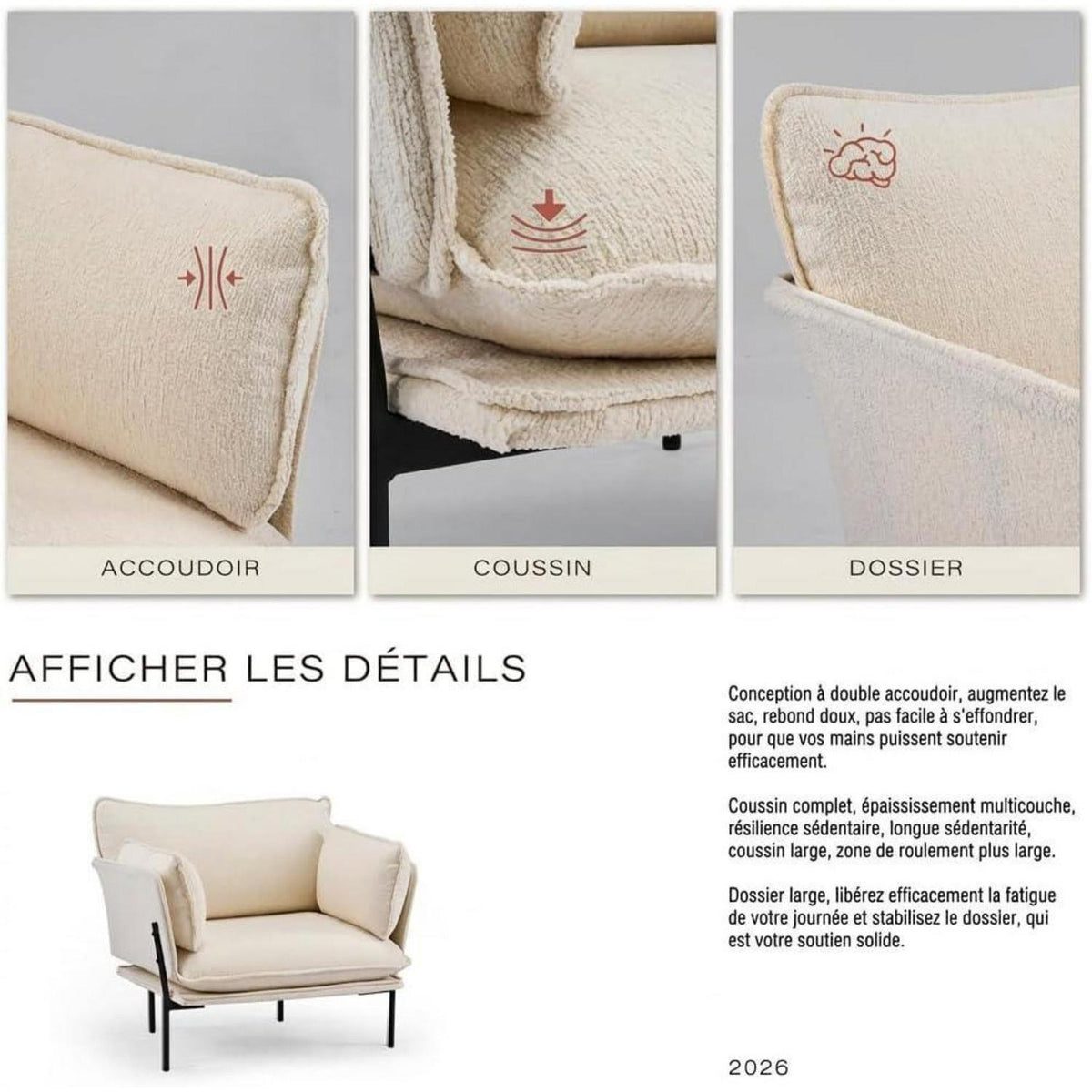Bouclé Loungesessel mit Metallbeinen – Creme