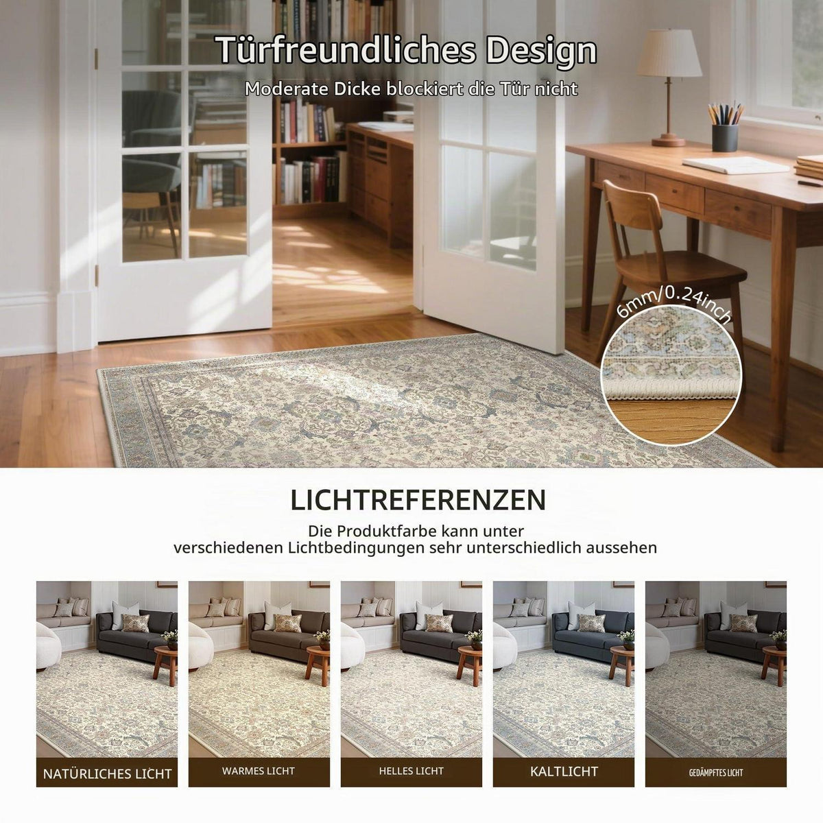 Vintage Teppich Wohnzimmer 200x290 cm – Beige Kurzflor Teppich