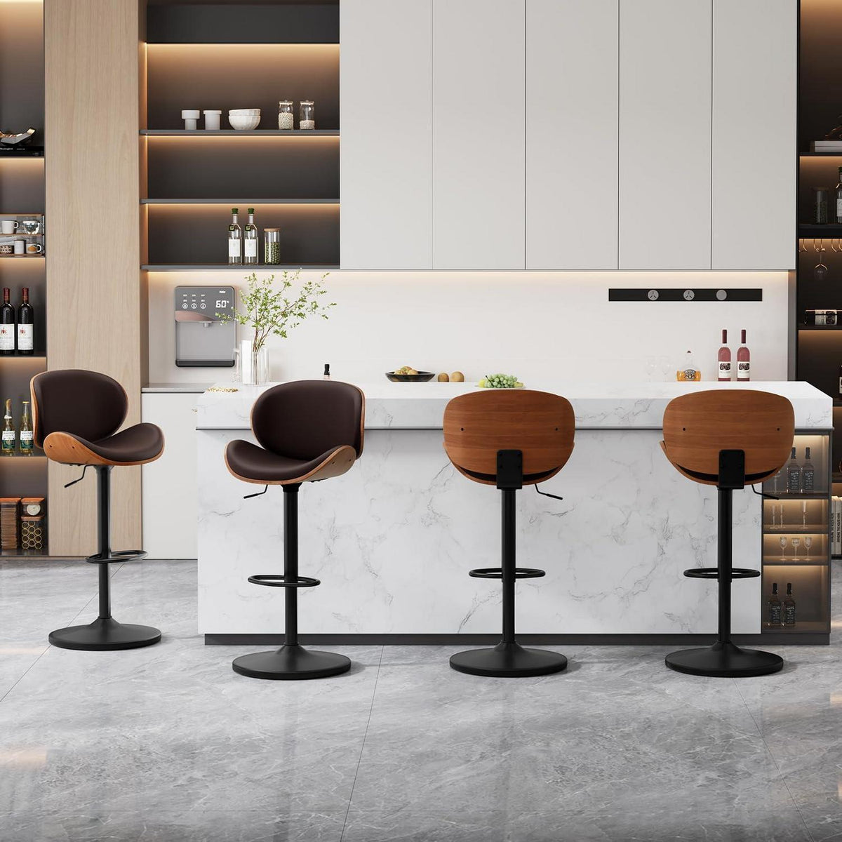 Barhocker Set 4er – Höhenverstellbar, Holz Braun in Lederoptik