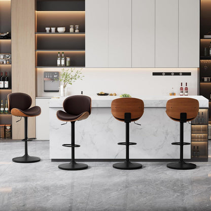 Barhocker Set 4er – Höhenverstellbar, Holz Braun in Lederoptik