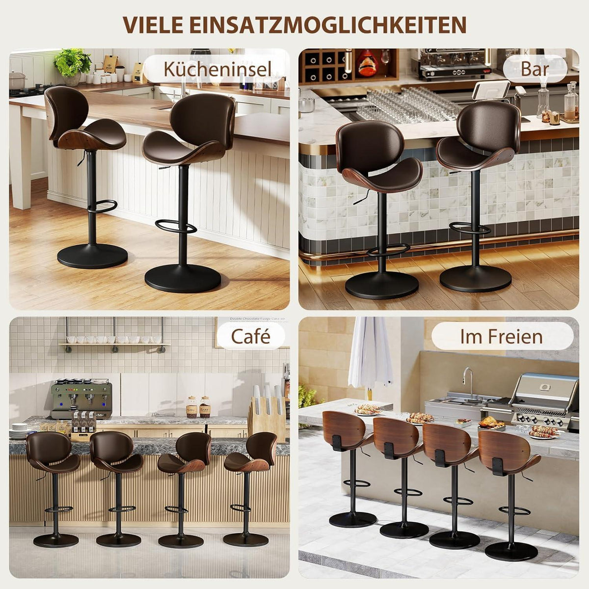 Barhocker Set 4er – Höhenverstellbar, Holz Braun in Lederoptik