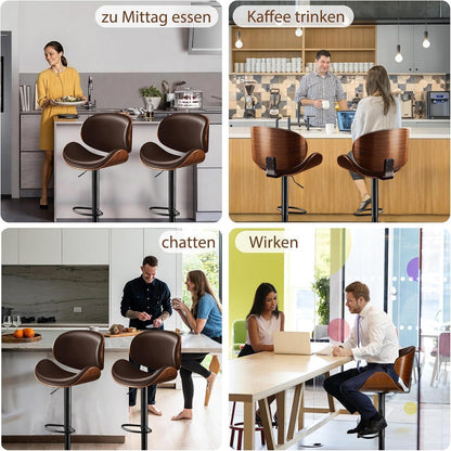 Barhocker Set 4er – Höhenverstellbar, Holz Braun in Lederoptik