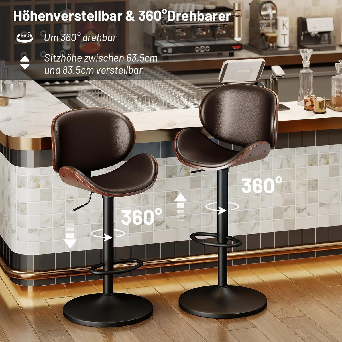 Barhocker Set 4er – Höhenverstellbar, Holz Braun in Lederoptik