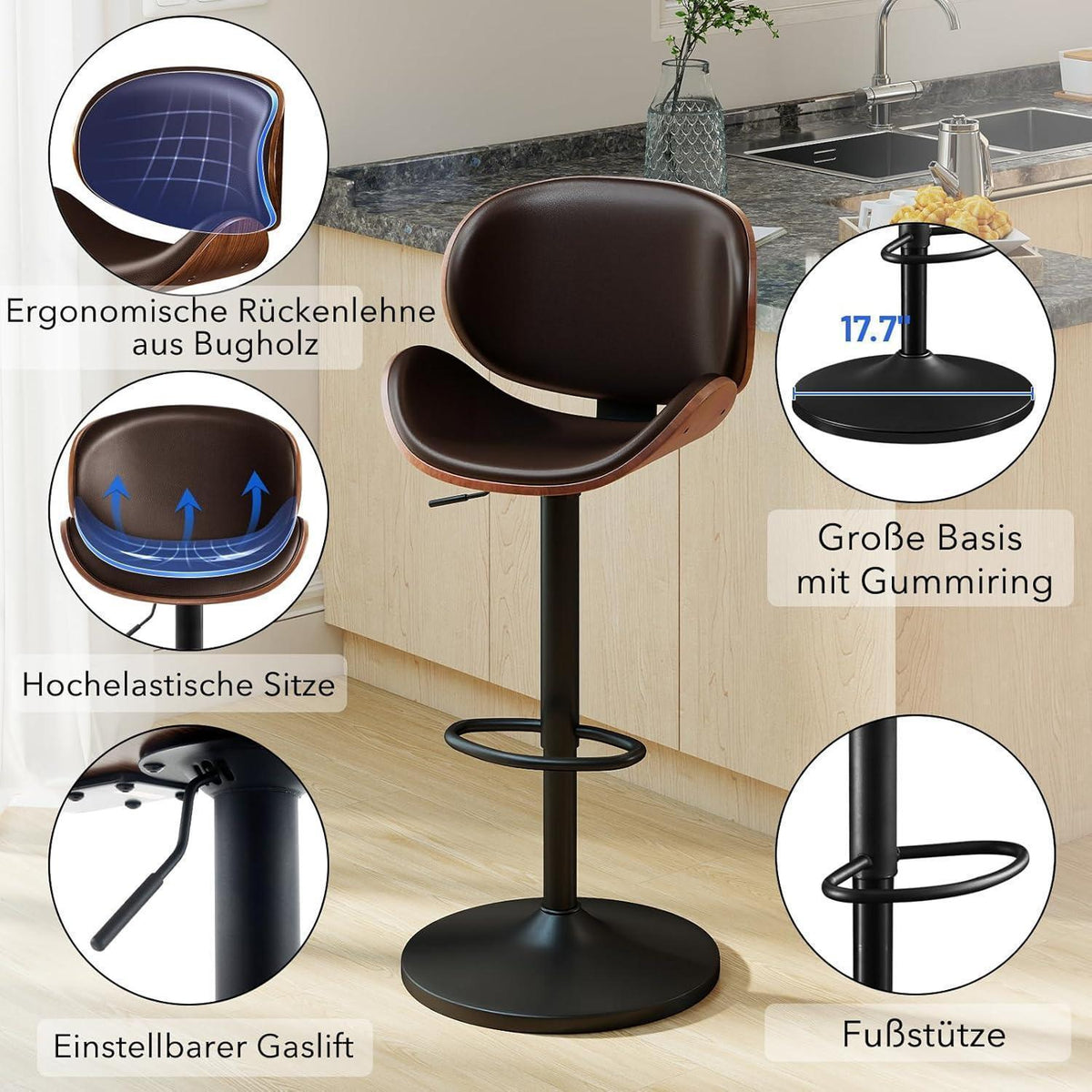 Barhocker Set 4er – Höhenverstellbar, Holz Braun in Lederoptik