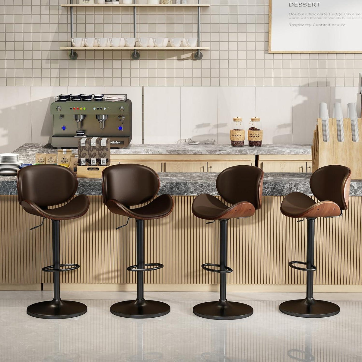 Barhocker Set 4er – Höhenverstellbar, Holz Braun in Lederoptik