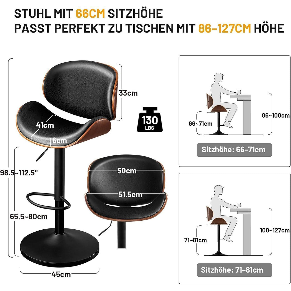 Barhocker Set 4er – Höhenverstellbar, Holz, Schwarz in Lederoptik