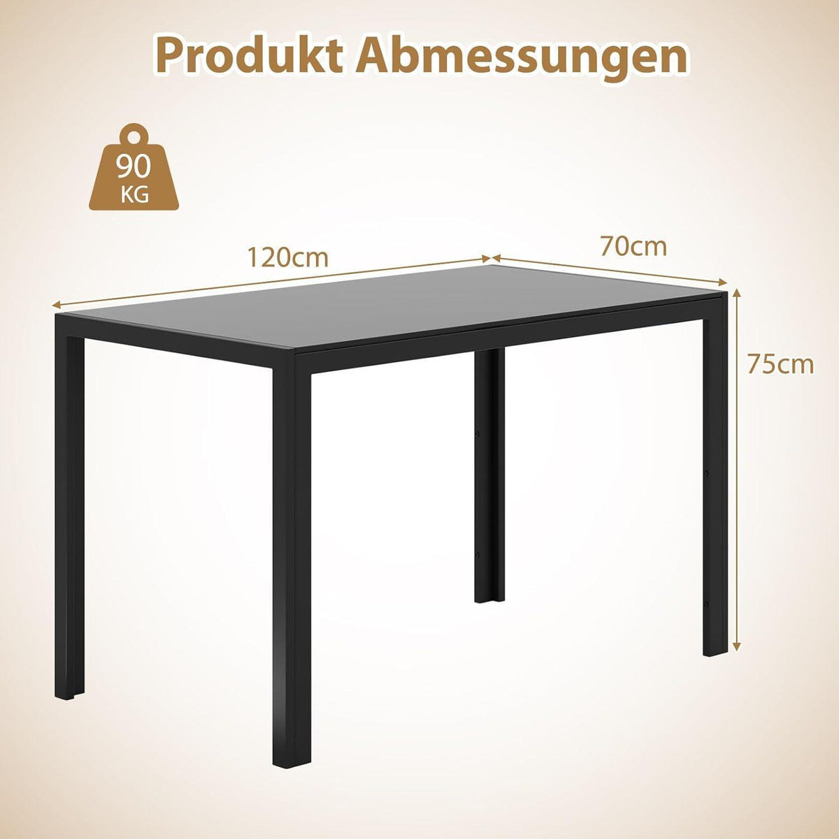 Glas Esstisch 120x70cm – Moderner Küchentisch mit Metallbeinen