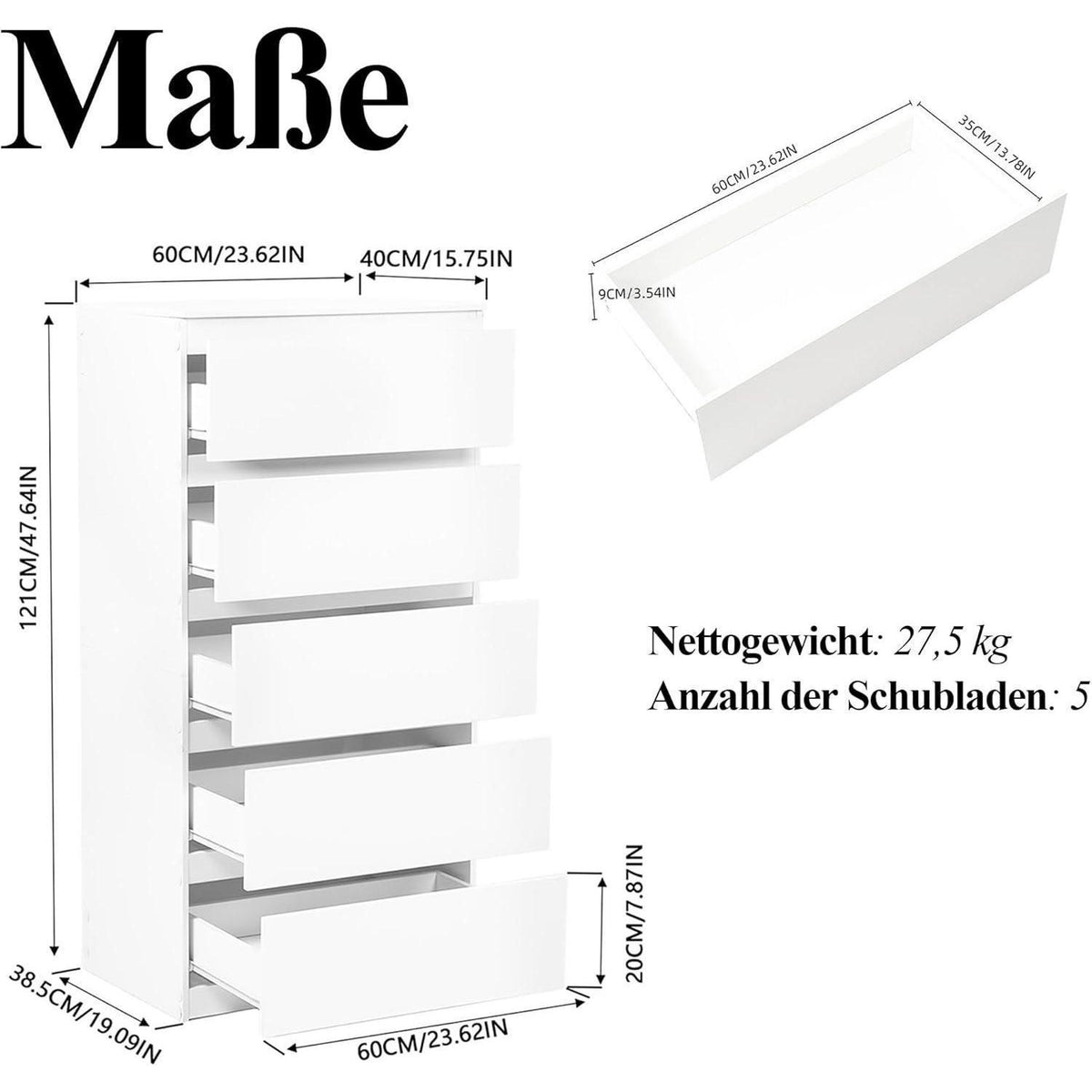 Weißer Kommodenschrank 60cm mit 5 Schubladen – Schlafzimmer & Büro