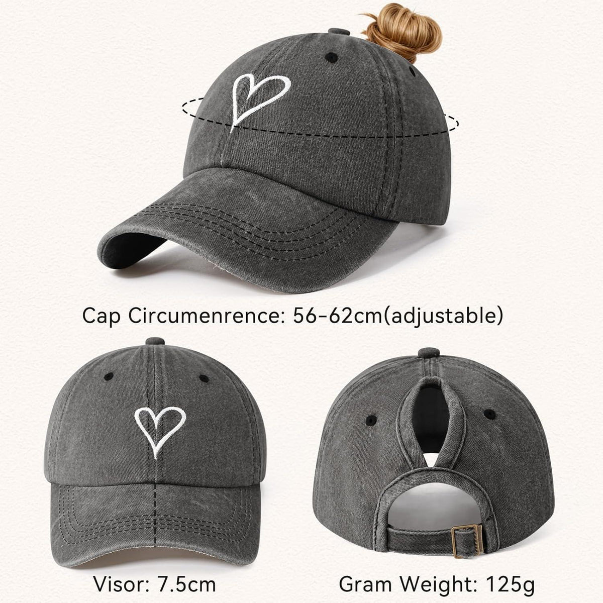 Damen Baseball Cap mit Zopf Loch & Vintage Stickerei