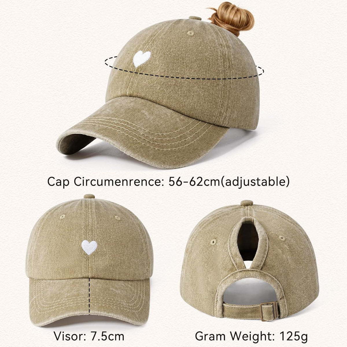 Damen Baseball Cap mit Zopf Loch & Vintage Stickerei