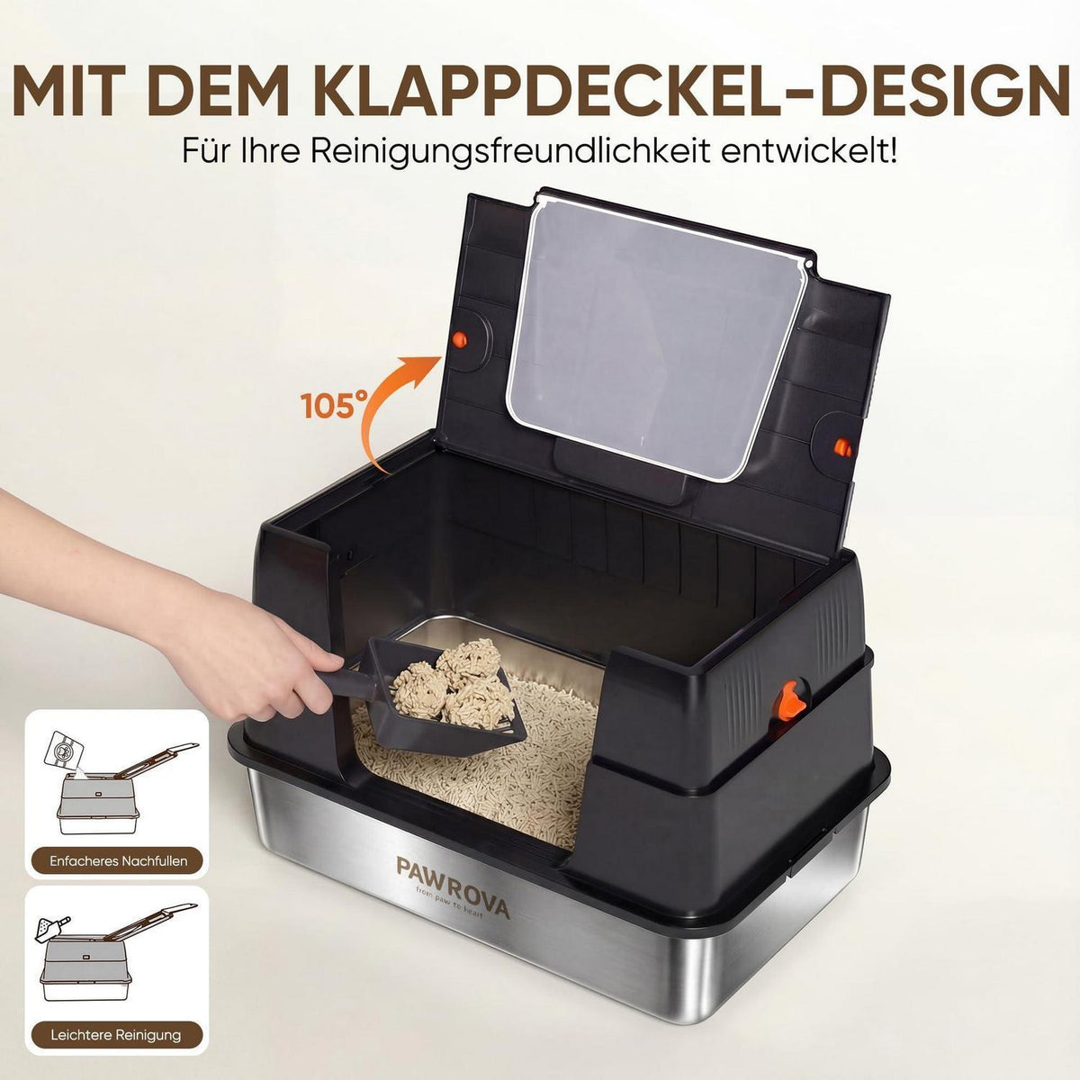 XL Edelstahl Katzenklo mit Klappdeckel & Zubehör