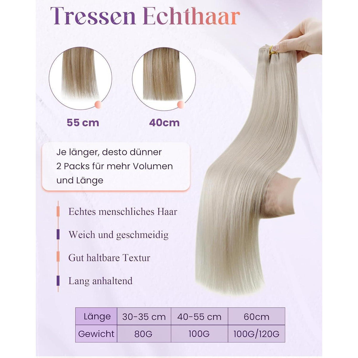 Echthaar Tressen Blond 55cm – Remy Haarverlängerung #60