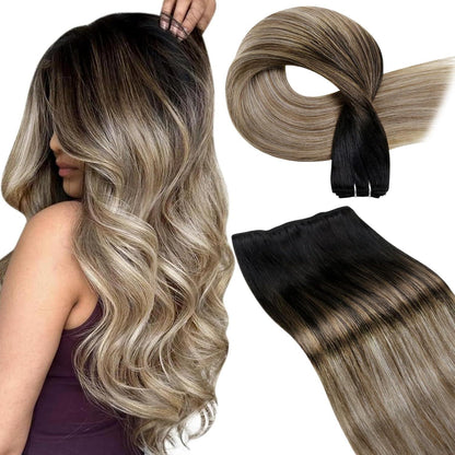 Echthaar Tressen Ombre Schwarz Karamellblond 45cm