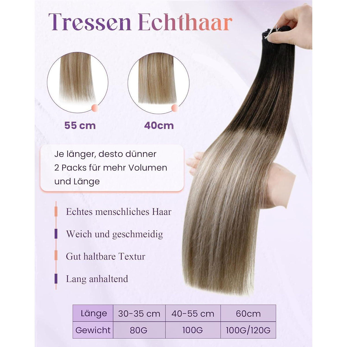 Echthaar Tressen Ombre Schwarz Karamellblond 45cm