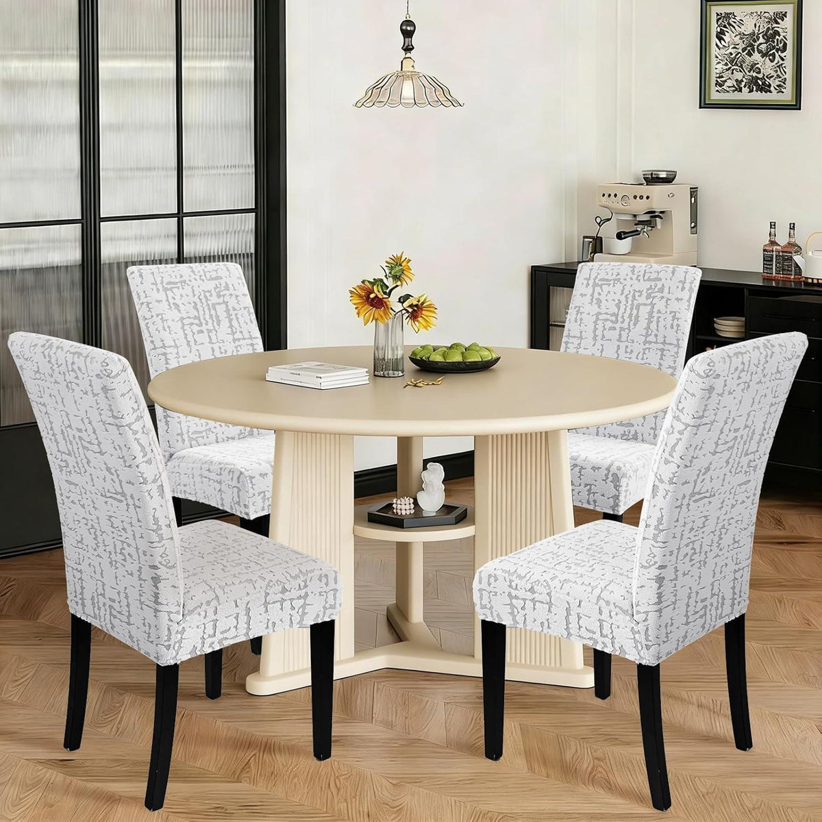Stretch Stuhlhussen Set 4er - Hellgrau, Kurzflor Jacquard