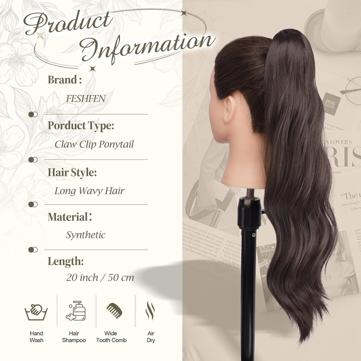 Gewellter Pferdeschwanz Zopf Extension – Mittelbraun, 50cm