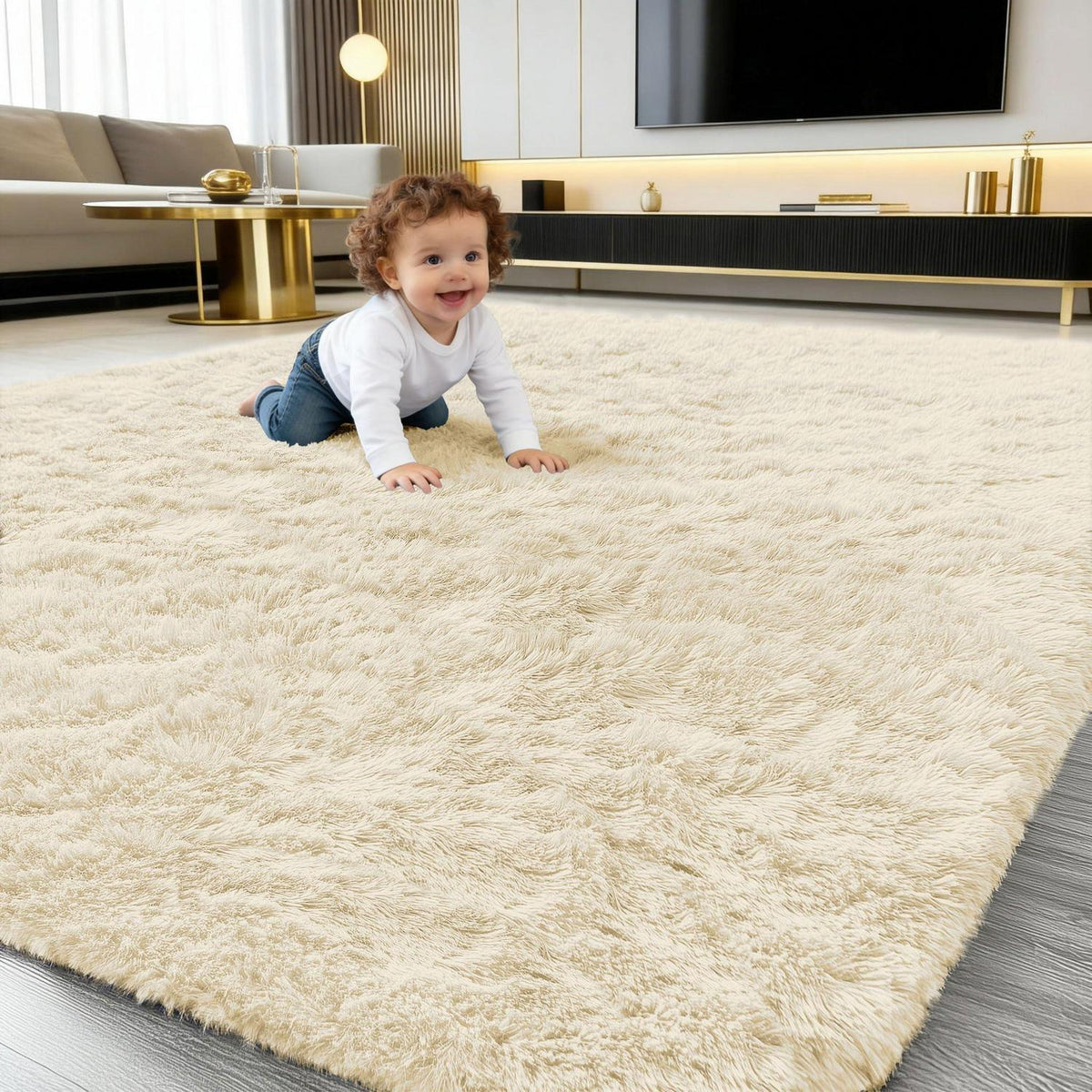 Hochflor Teppich Wohnzimmer 160x220 cm Beige